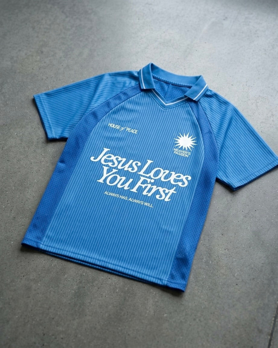 Jesus Loves You First Blue Striped Soccer Jersey | House of Peace®