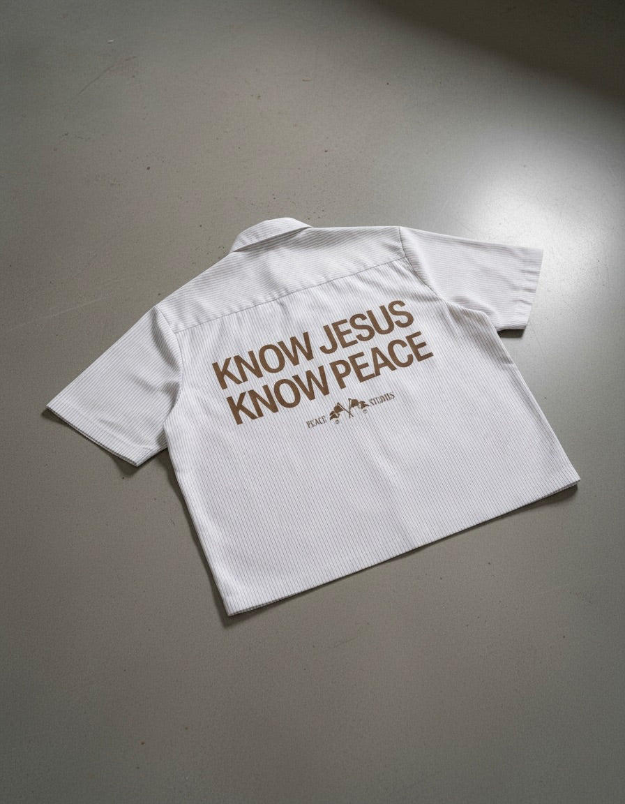 Know Jesus, Know Peace Oversized White Stripe Boxy Shirt | Peace®