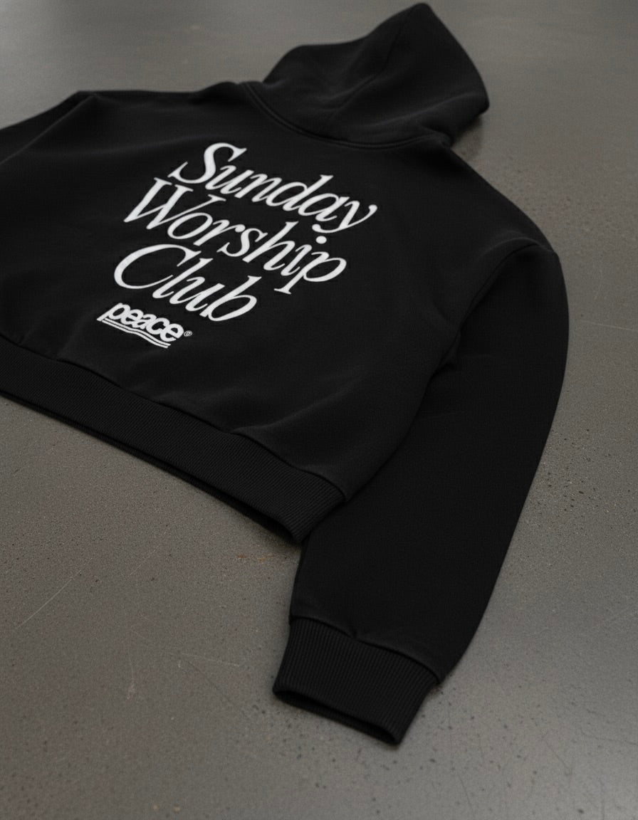 Sunday Worship Club Premium Black Boxy Hoodie | House Of Peace®