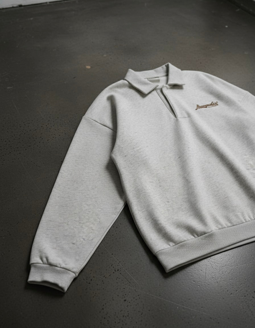 Peacemaker Heavyweight Oat Gray Fleece Polo Sweatshirt | House Of Peace®