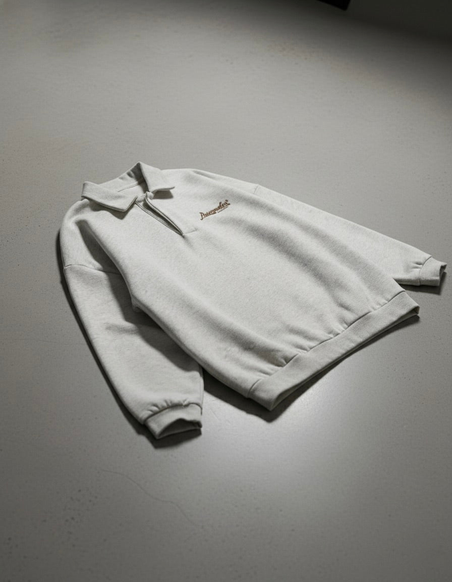 Peacemaker Heavyweight Oat Gray Fleece Polo Sweatshirt | House Of Peace®