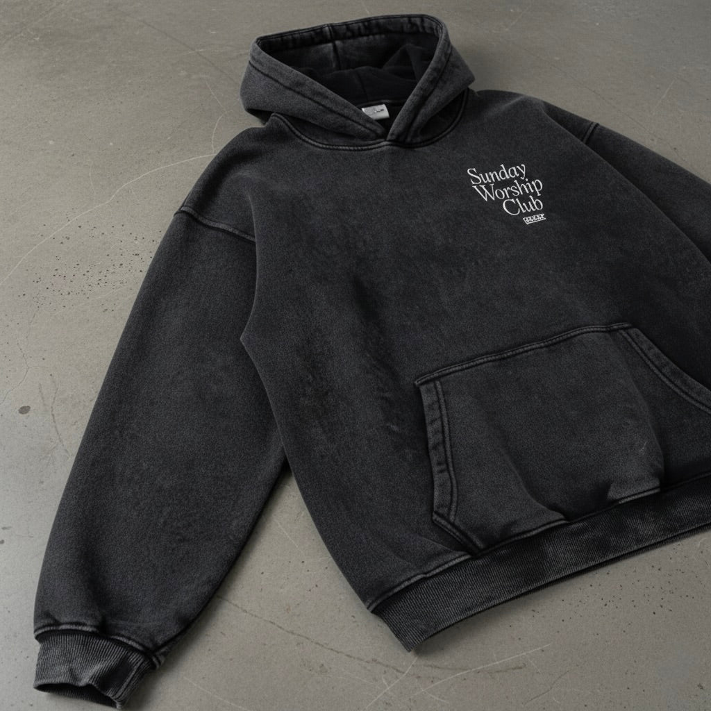 Sunday Worship Club Premium Black Acid Washed Oversized Hoodie | House Of Peace®
