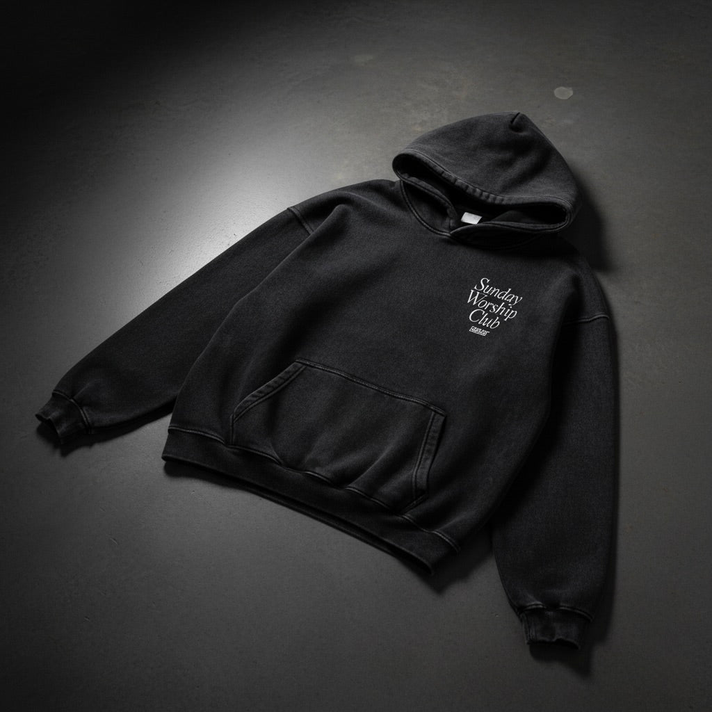 Sunday Worship Club Premium Black Acid Washed Oversized Hoodie | House Of Peace®