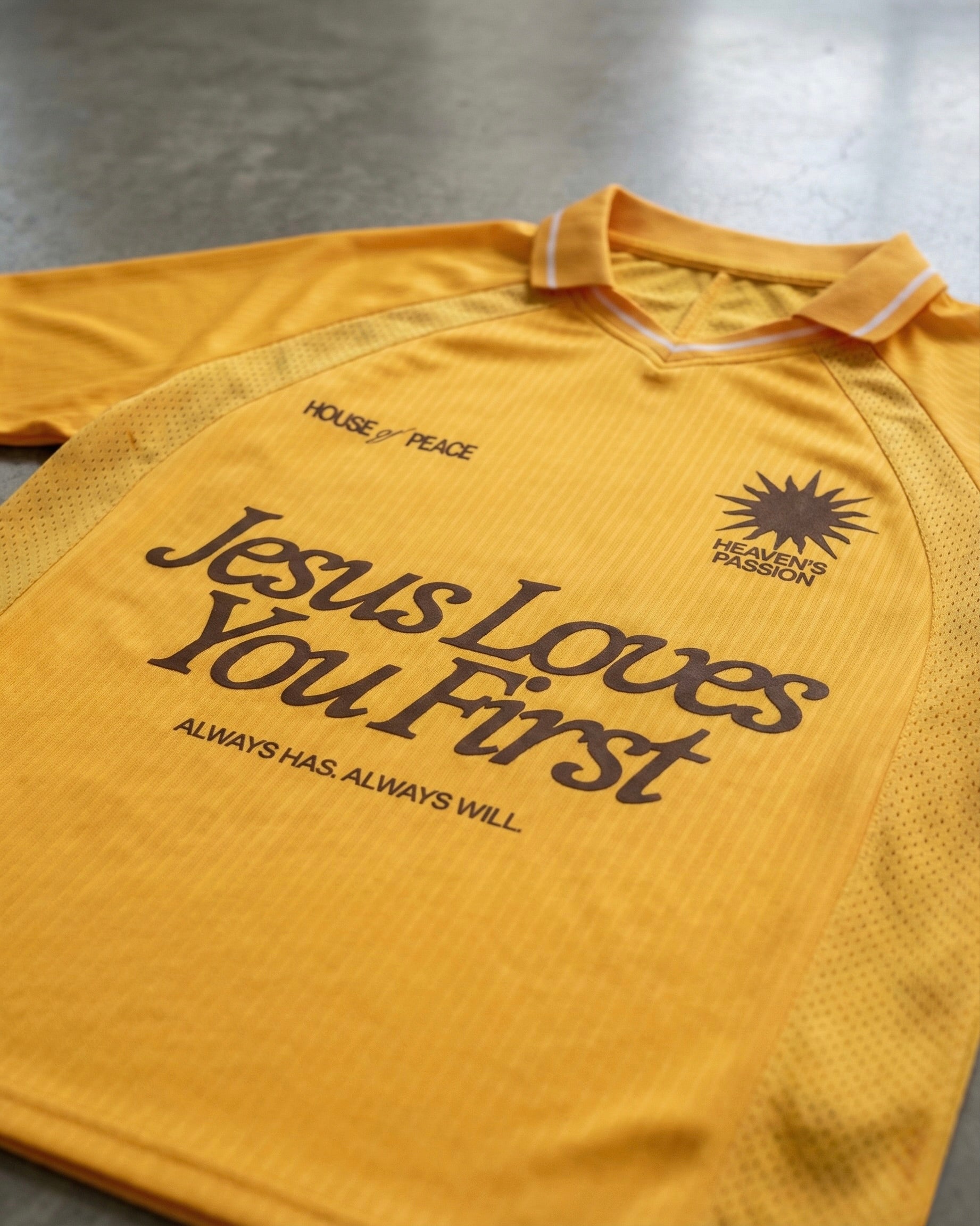 Jesus Loves You First Yellow Striped Soccer Jersey | House of Peace®