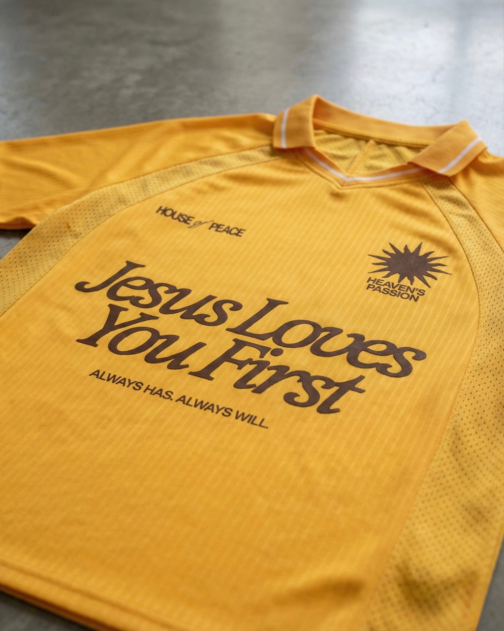 Jesus Loves You First Yellow Striped Soccer Jersey | House of Peace®